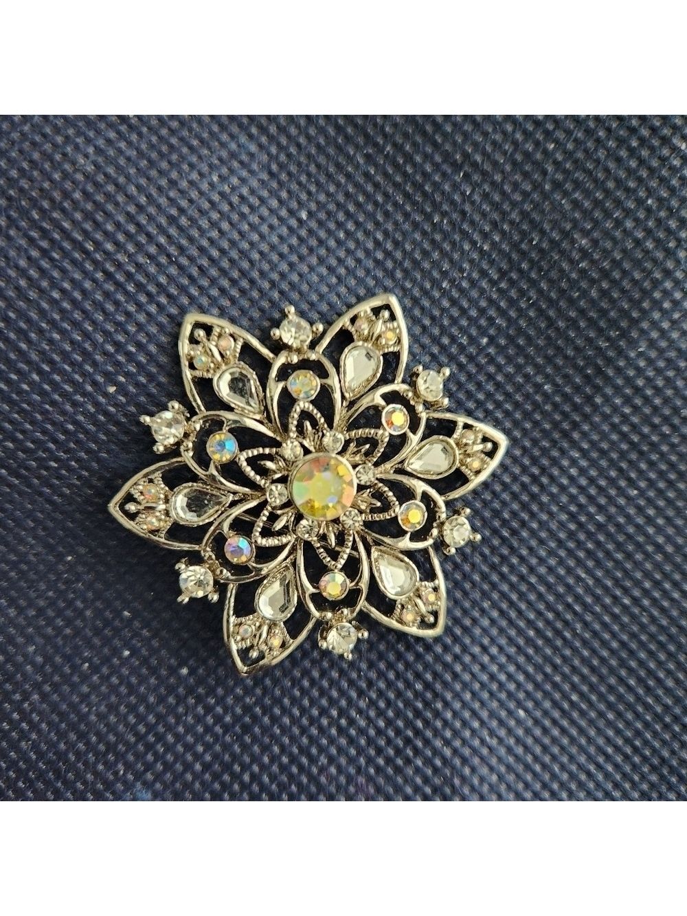 Vintage Flower Shaped Aura Borealis Diamante Brooch 